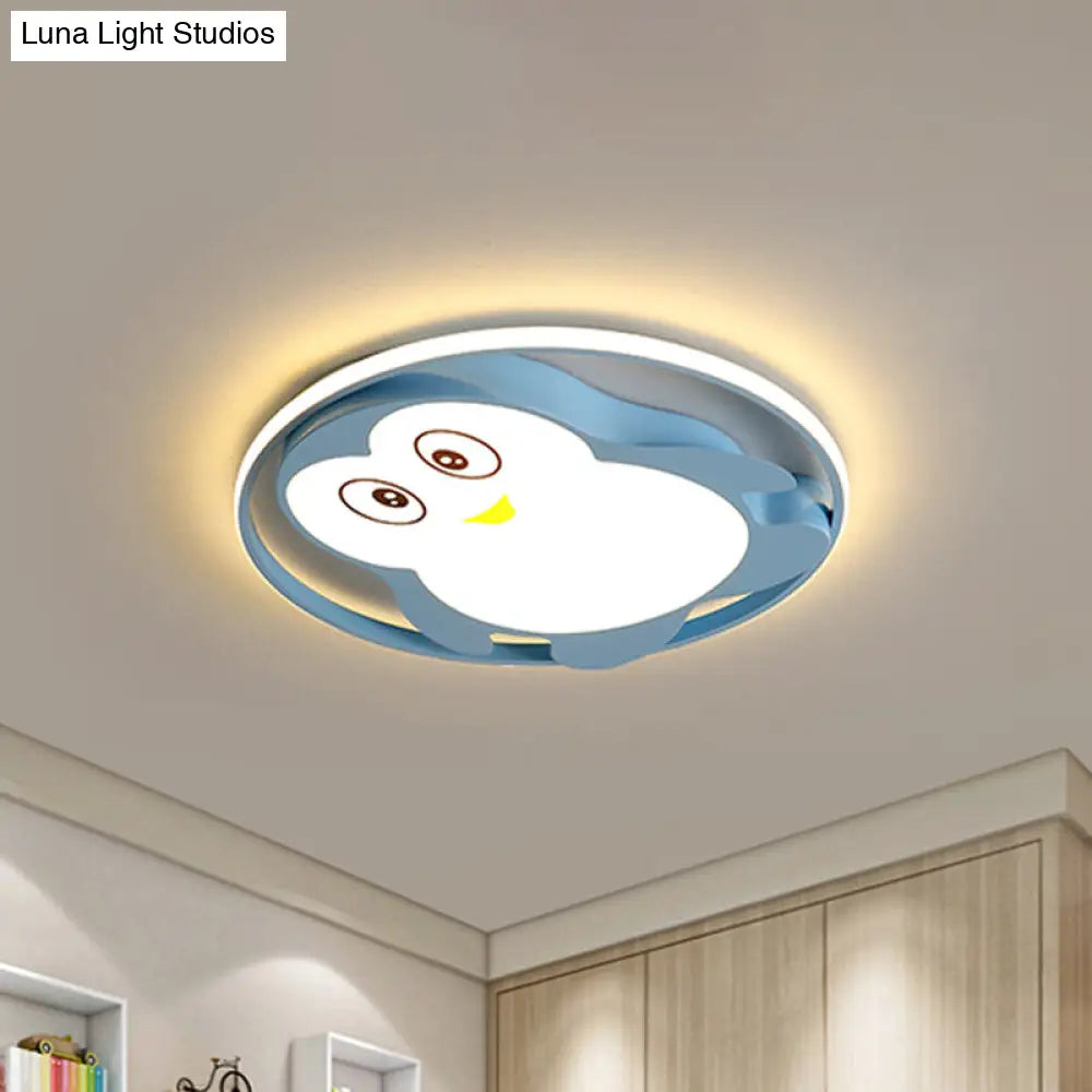 Penguin Led Acrylic Flushmount Ceiling Fixture For Kids Bedroom - Pink/Blue Finish