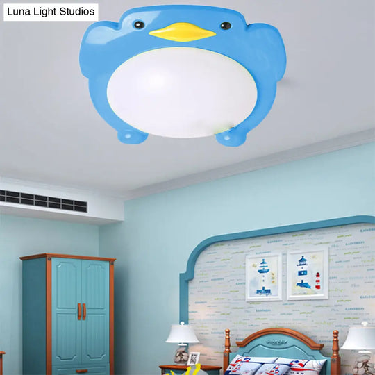 Penguin Led Flush Mount Ceiling Light For Kids Bedroom - Cartoon Theme Blue