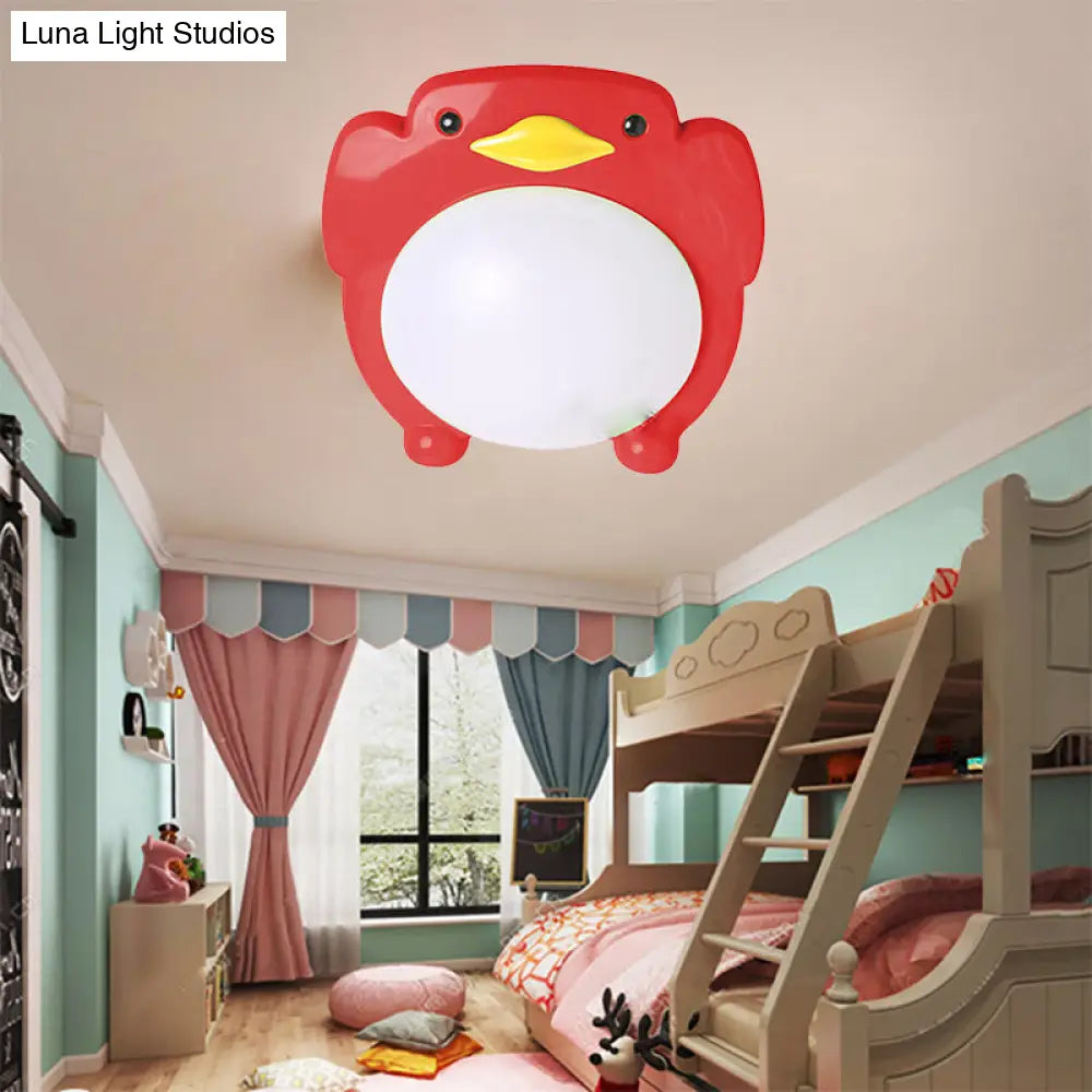 Penguin Led Flush Mount Ceiling Light For Kids Bedroom - Cartoon Theme Red