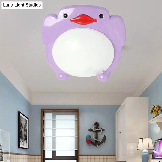 Penguin Led Flush Mount Ceiling Light For Kids Bedroom - Cartoon Theme Purple