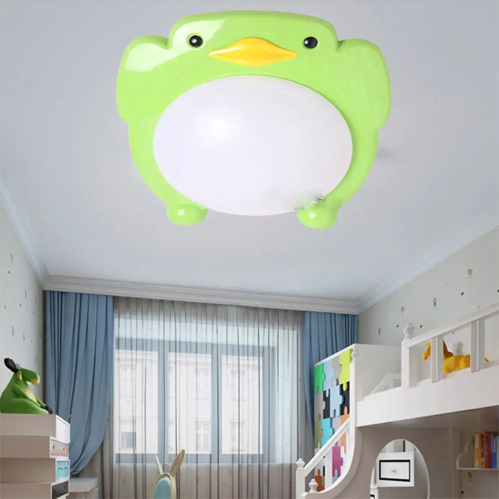 Penguin Led Flush Mount Ceiling Light For Kids’ Bedroom - Cartoon Theme Green