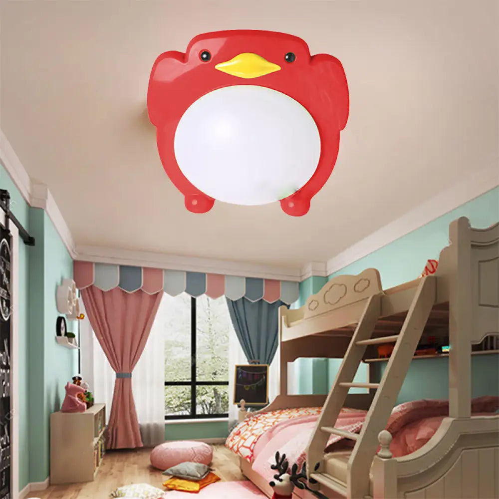 Penguin Led Flush Mount Ceiling Light For Kids’ Bedroom - Cartoon Theme Red