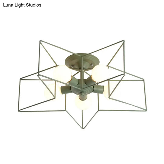 Pentacle Frame Iron Flush Mount Light - 5-Bulb Semi Ceiling For Kids’ Room (Pink/Grey/Blue)