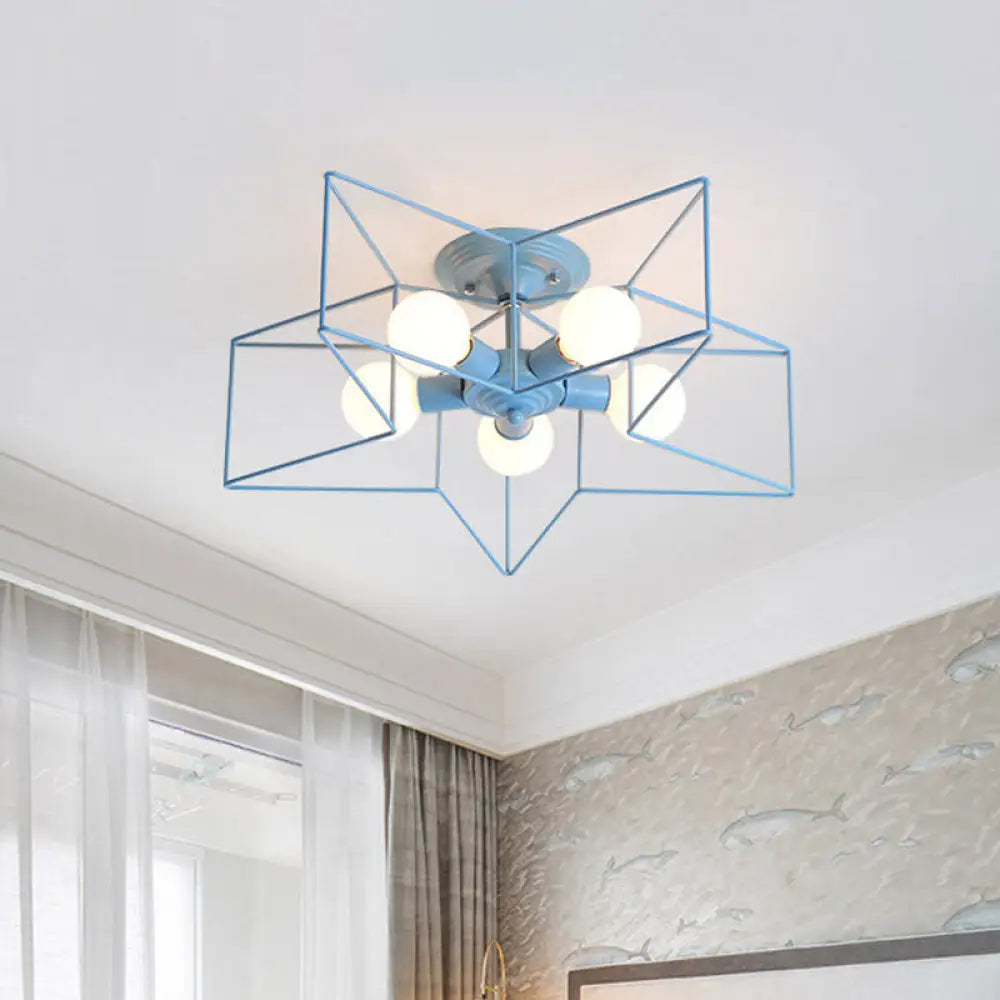 Pentacle Frame Iron Flush Mount Light - 5-Bulb Semi Ceiling For Kids’ Room (Pink/Grey/Blue) Blue