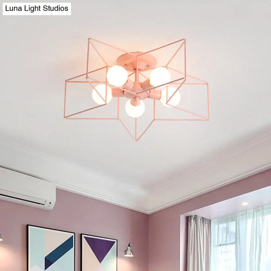 Pentacle Frame Iron Flush Mount Light - 5-Bulb Semi Ceiling For Kids Room (Pink/Grey/Blue)