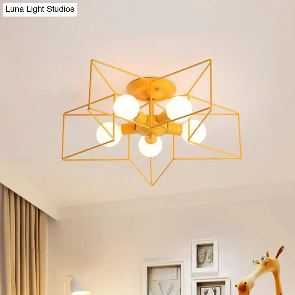 Pentacle Frame Iron Flush Mount Light - 5-Bulb Semi Ceiling For Kids Room (Pink/Grey/Blue) Yellow
