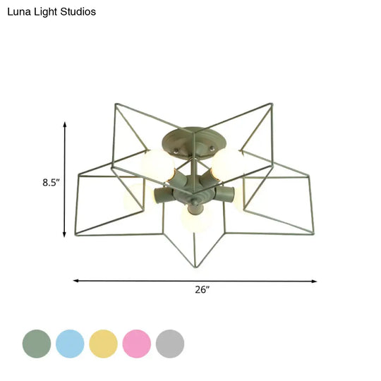 Pentacle Frame Iron Flush Mount Light - 5-Bulb Semi Ceiling For Kids’ Room (Pink/Grey/Blue)