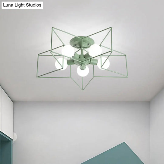 Pentacle Frame Iron Flush Mount Light - 5-Bulb Semi Ceiling For Kids Room (Pink/Grey/Blue) Green