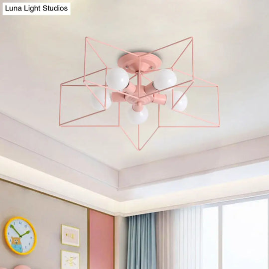Pentacle Frame Iron Flush Mount Light - 5-Bulb Semi Ceiling For Kids Room (Pink/Grey/Blue) Pink