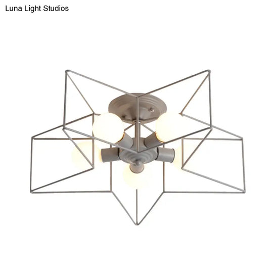 Pentacle Frame Iron Flush Mount Light - 5-Bulb Semi Ceiling For Kids’ Room (Pink/Grey/Blue)