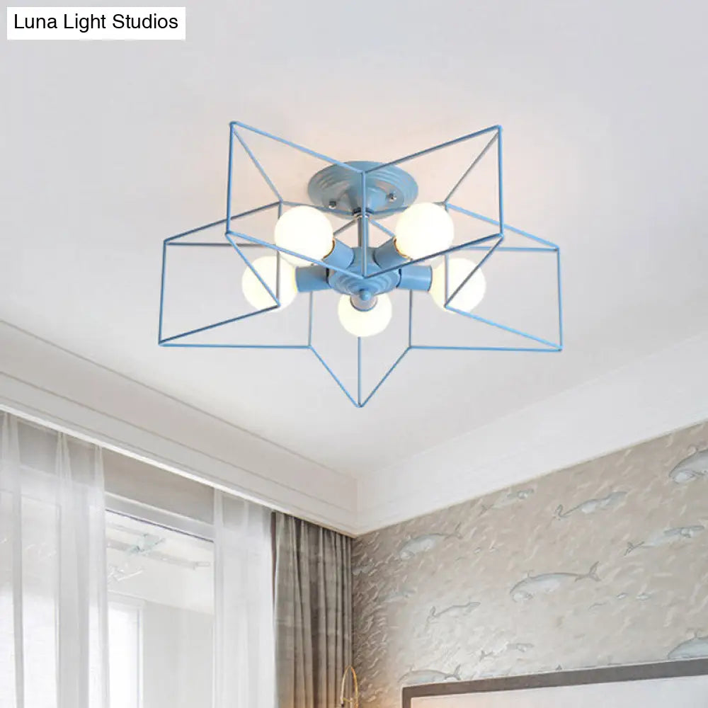 Pentacle Frame Iron Flush Mount Light - 5-Bulb Semi Ceiling For Kids Room (Pink/Grey/Blue) Blue