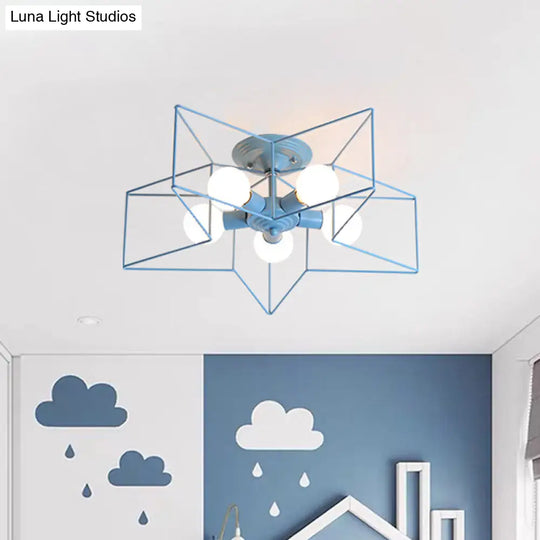 Pentacle Frame Iron Flush Mount Light - 5-Bulb Semi Ceiling For Kids Room (Pink/Grey/Blue)