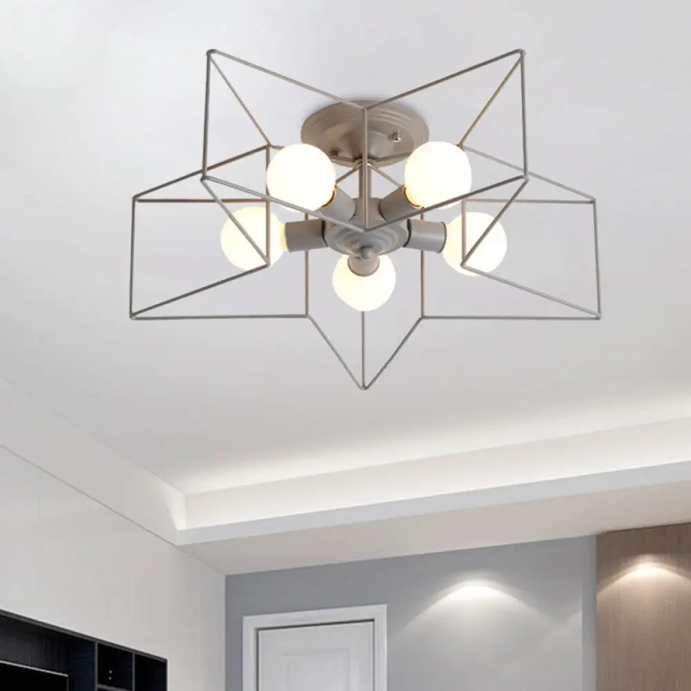Pentacle Frame Iron Flush Mount Light - 5-Bulb Semi Ceiling For Kids’ Room (Pink/Grey/Blue) Grey