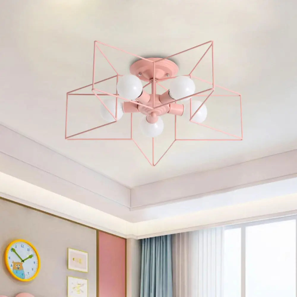 Pentacle Frame Iron Flush Mount Light - 5-Bulb Semi Ceiling For Kids’ Room (Pink/Grey/Blue) Pink