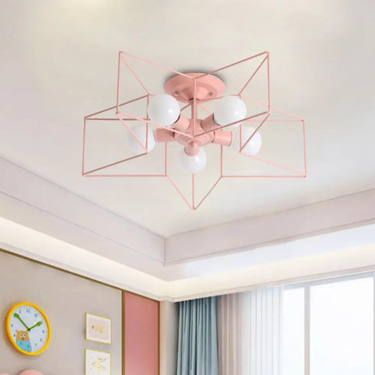 Pentacle Frame Iron Flush Mount Light - 5-Bulb Semi Ceiling For Kids’ Room (Pink/Grey/Blue) Pink