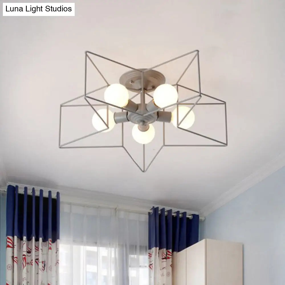Pentacle Frame Iron Flush Mount Light - 5-Bulb Semi Ceiling For Kids Room (Pink/Grey/Blue)