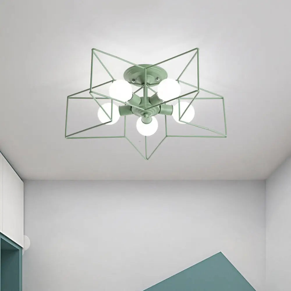 Pentacle Frame Iron Flush Mount Light - 5-Bulb Semi Ceiling For Kids’ Room (Pink/Grey/Blue) Green