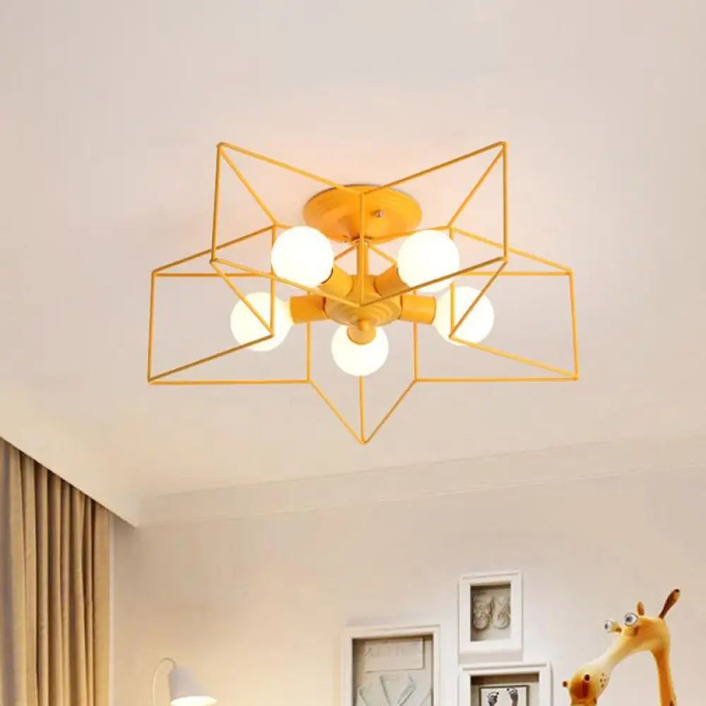 Pentacle Frame Iron Flush Mount Light - 5-Bulb Semi Ceiling For Kids’ Room (Pink/Grey/Blue) Yellow