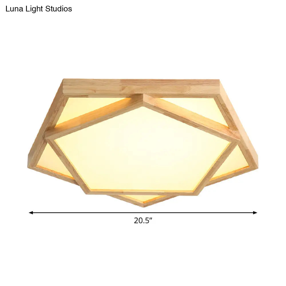 Pentagon Flush Mount Wood Led Ceiling Light In Beige - Available 3 Sizes And 2 Tones