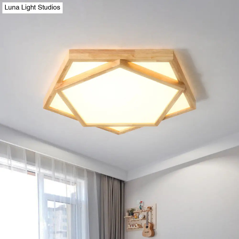 Pentagon Flush Mount Wood Led Ceiling Light In Beige - Available 3 Sizes And 2 Tones