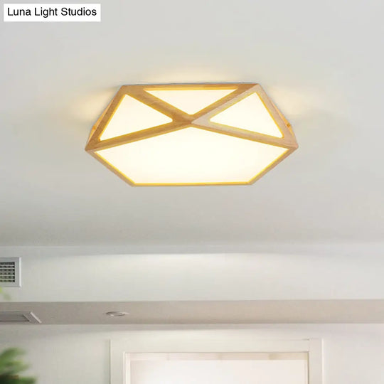 Pentagon Parlor Led Ceiling Fixture Minimalist Flush Lamp In Beige With Wood Frame - 16.5/20.5/24.5