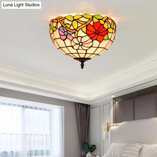 Peony Ceiling Light - Tiffany Bronze Stained Glass Flush Mount Fixture For Bedroom