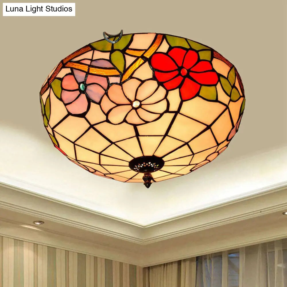Peony Ceiling Light - Tiffany Bronze Stained Glass Flush Mount Fixture For Bedroom / D