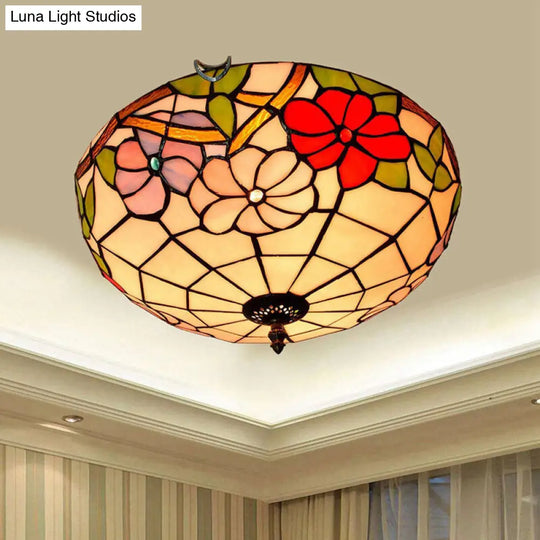 Peony Ceiling Light - Tiffany Bronze Stained Glass Flush Mount Fixture For Bedroom / D
