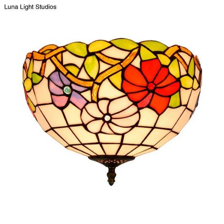 Peony Ceiling Light - Tiffany Bronze Stained Glass Flush Mount Fixture For Bedroom