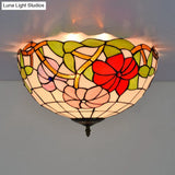 Peony Ceiling Light - Tiffany Bronze Stained Glass Flush Mount Fixture For Bedroom