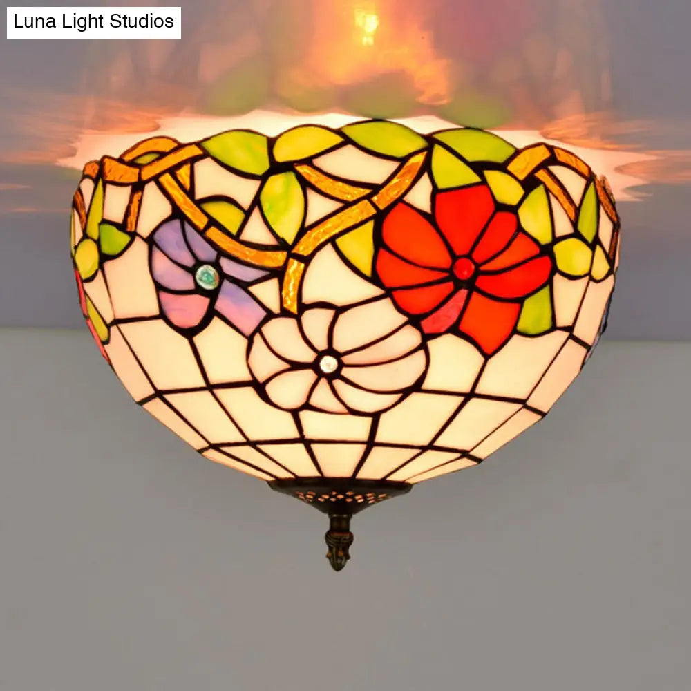 Peony Ceiling Light - Tiffany Bronze Stained Glass Flush Mount Fixture For Bedroom