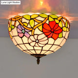Peony Ceiling Light - Tiffany Bronze Stained Glass Flush Mount Fixture For Bedroom