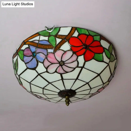 Peony Ceiling Light - Tiffany Bronze Stained Glass Flush Mount Fixture For Bedroom