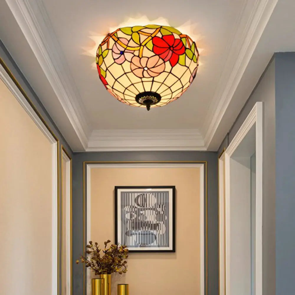 Peony Ceiling Light - Tiffany Bronze Stained Glass Flush Mount Fixture For Bedroom / B