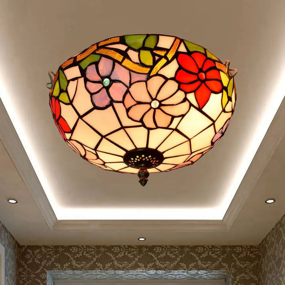 Peony Ceiling Light - Tiffany Bronze Stained Glass Flush Mount Fixture For Bedroom / C