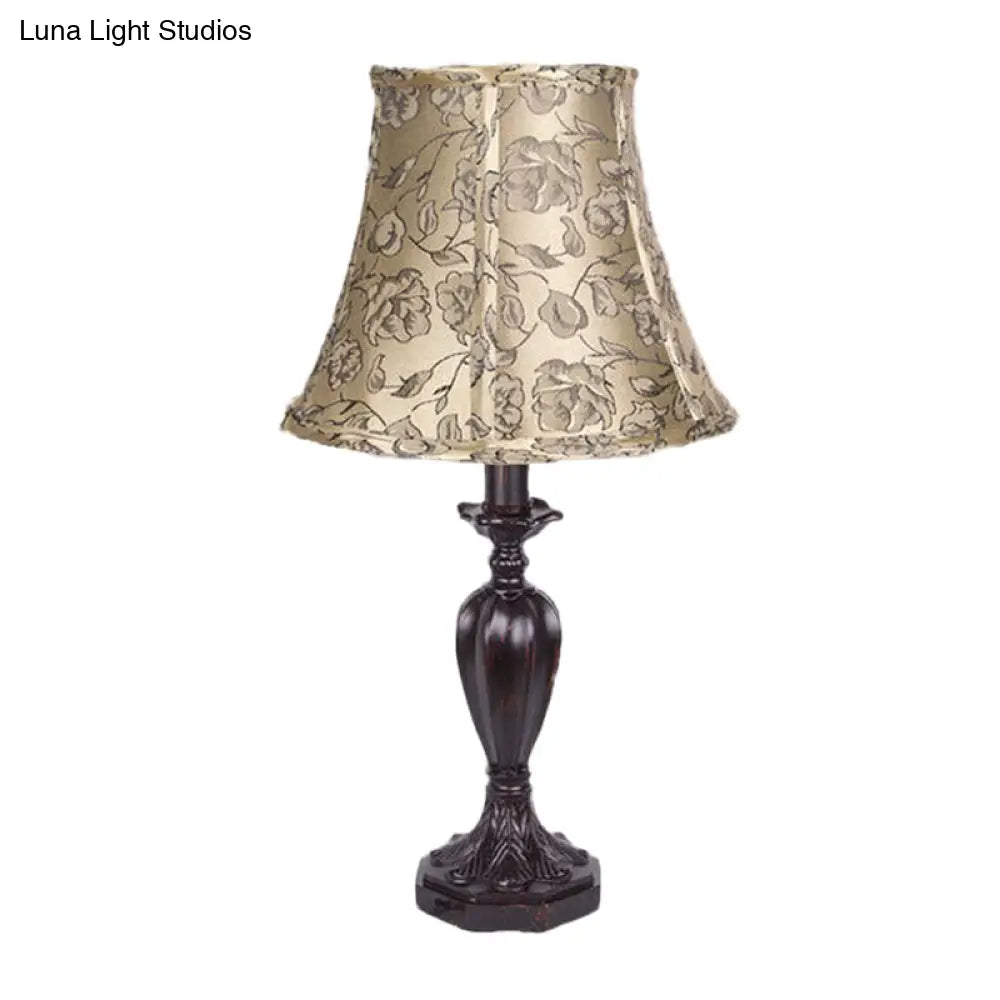 Peony Print Fabric Night Light - Red Brown Flared Style Table Lamp Perfect For Country Bedrooms