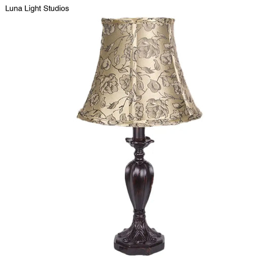 Peony Print Fabric Night Light - Red Brown Flared Style Table Lamp Perfect For Country Bedrooms