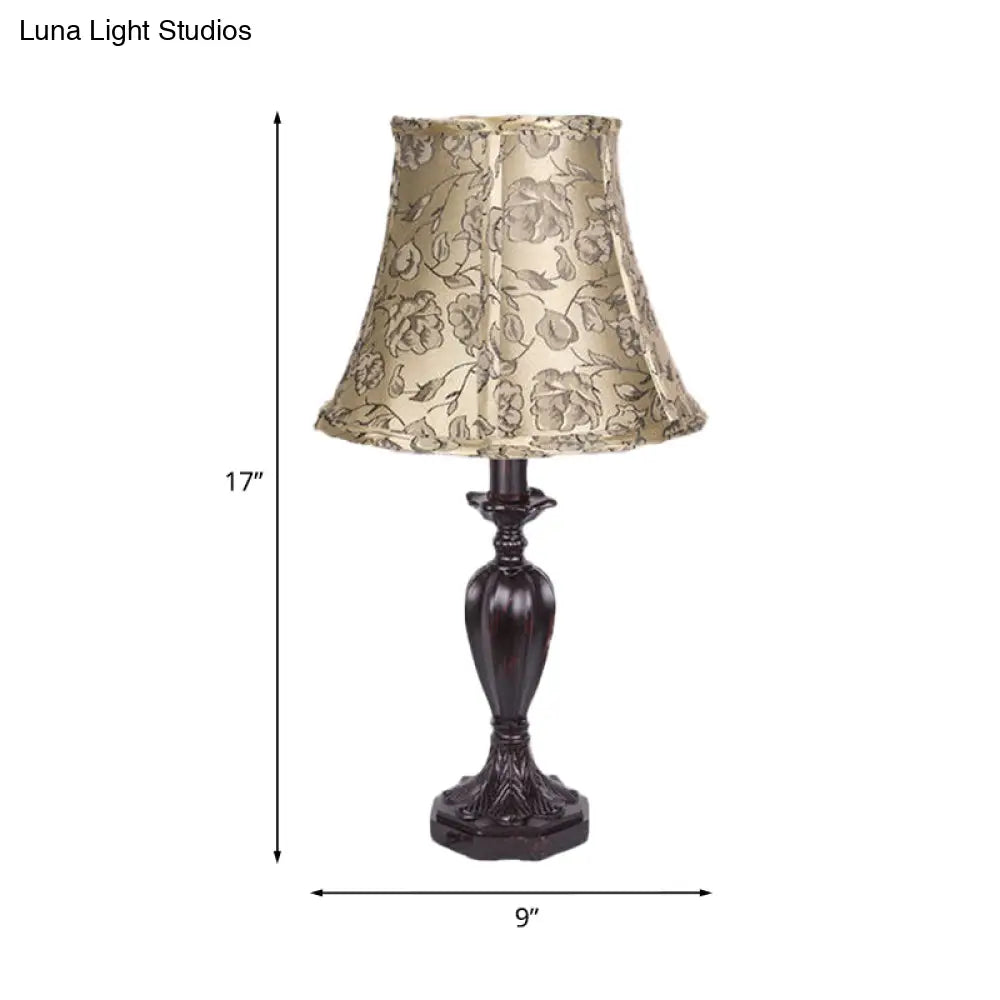 Peony Print Fabric Night Light - Red Brown Flared Style Table Lamp Perfect For Country Bedrooms