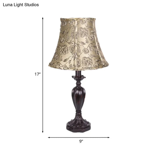 Peony Print Fabric Night Light - Red Brown Flared Style Table Lamp Perfect For Country Bedrooms