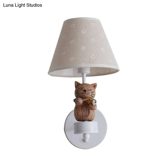 Pet Cat Wall Light - Resin Sconce With Floral Shade For Study Room