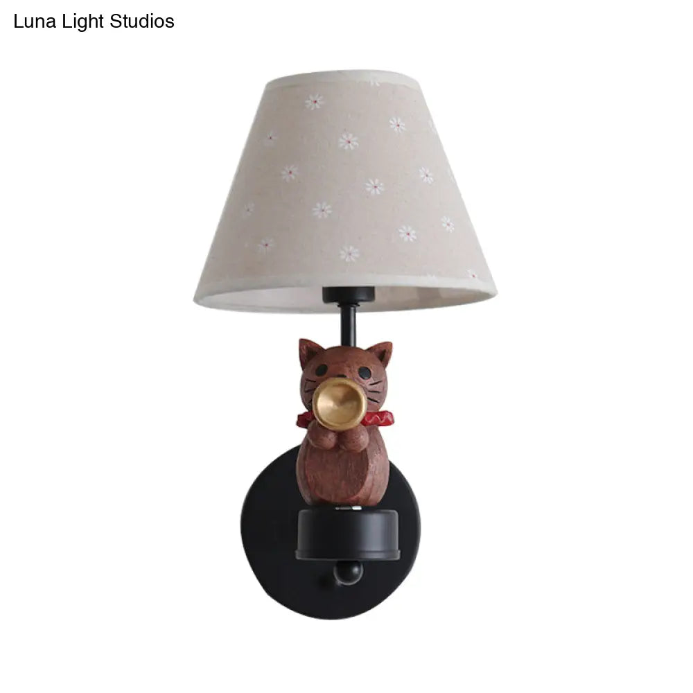 Pet Cat Wall Light - Resin Sconce With Floral Shade For Study Room