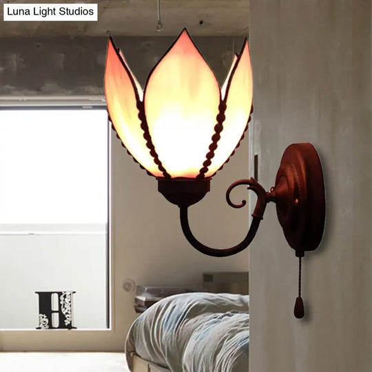 Petal Wall Lamp With Stained Glass And Curved Arm - Rustic Pull Chain Lighting