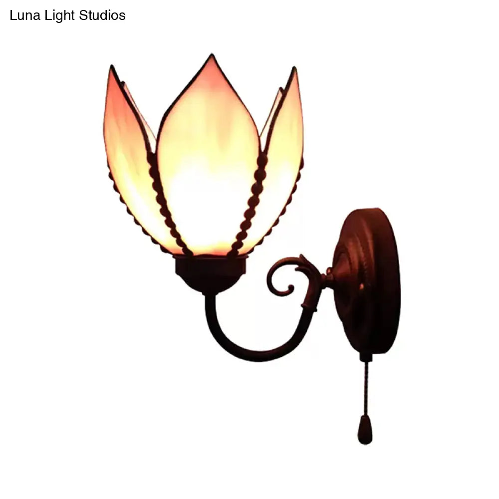 Petal Wall Lamp With Stained Glass And Curved Arm - Rustic Pull Chain Lighting