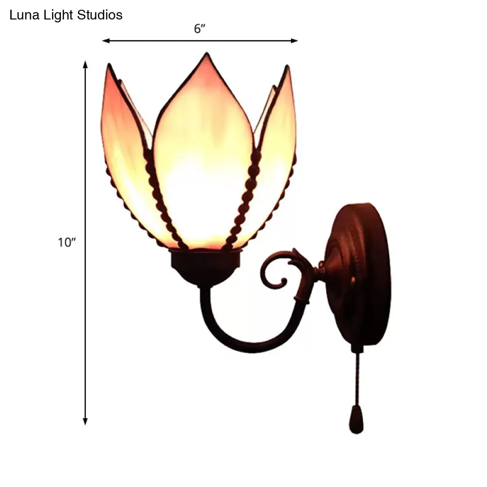 Petal Wall Lamp With Stained Glass And Curved Arm - Rustic Pull Chain Lighting