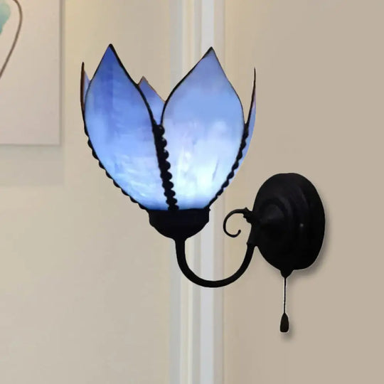 Petal Wall Lamp With Stained Glass And Curved Arm - Rustic Pull Chain Lighting Blue