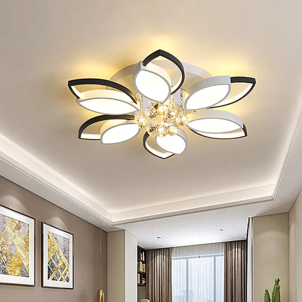 Petals Bedroom Led Ceiling Light With Nordic Acrylic Shade Crystal Ball Drop Black - White Finish