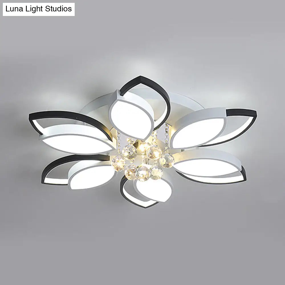 Petals Bedroom Led Ceiling Light With Nordic Acrylic Shade Crystal Ball Drop Black-White Finish