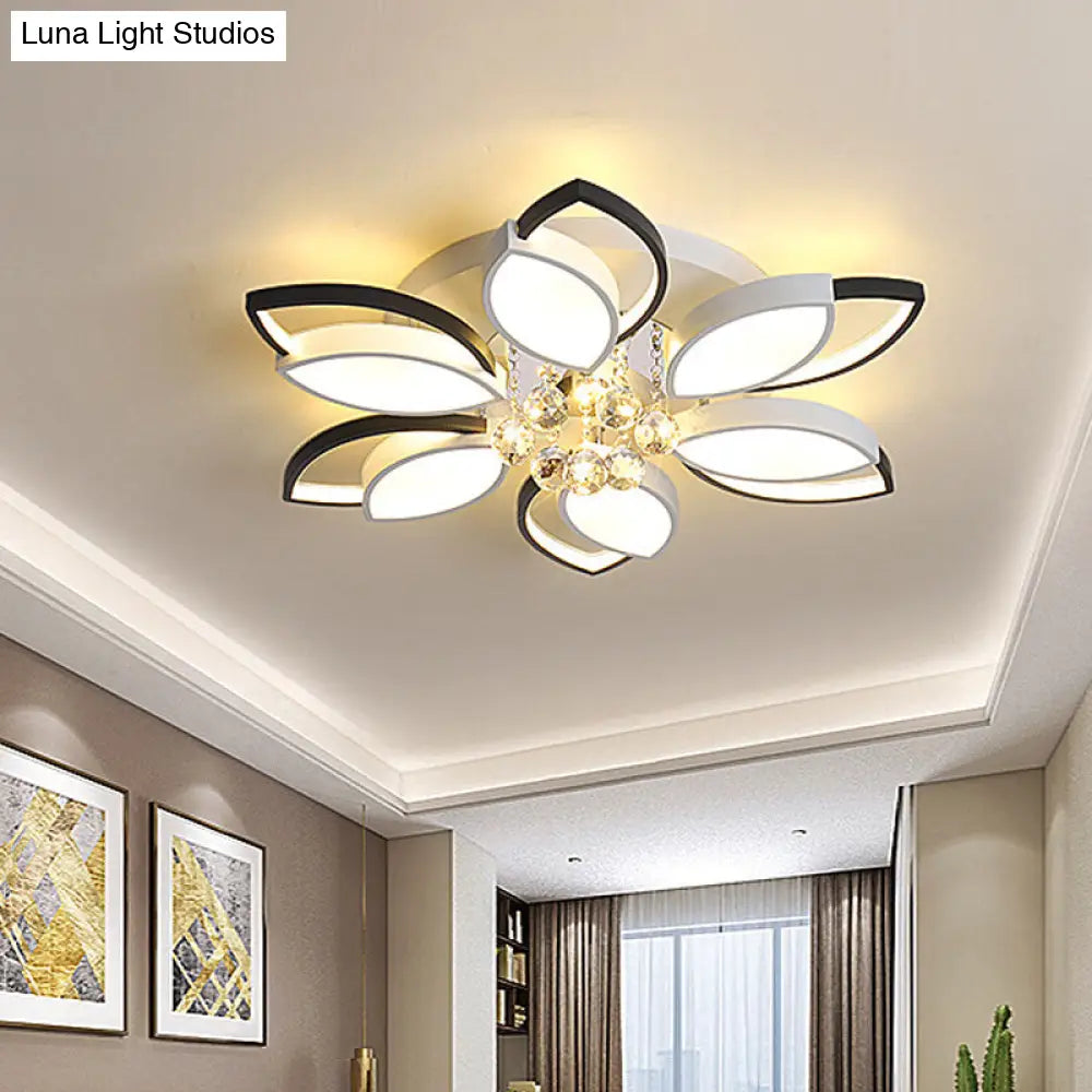 Petals Bedroom Led Ceiling Light With Nordic Acrylic Shade Crystal Ball Drop Black-White Finish
