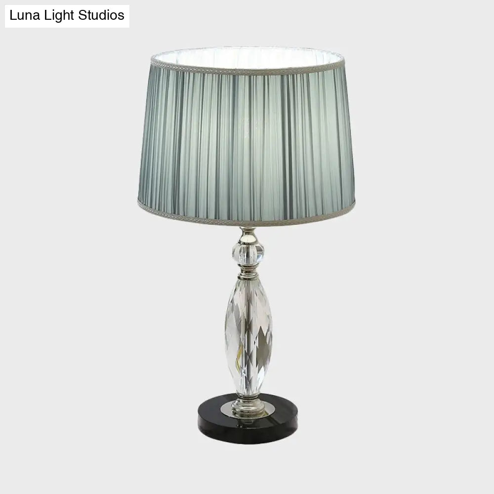 Minimalist Drum Nightstand Lamp With Crystal Base - Grey/Blue Fabric Shade Parlor Or Desk Light