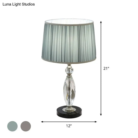 Minimalist Drum Nightstand Lamp With Crystal Base - Grey/Blue Fabric Shade Parlor Or Desk Light